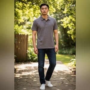 Threads 4 Thought Heathered Polo NWT • Small • Gray Purple Stretch • Eco Fabric